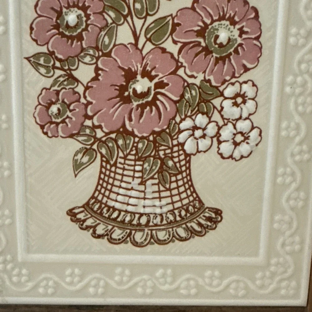 Vintage SIENA Art Ceramic Floral Basket Wall Decor Framed 7 1/2